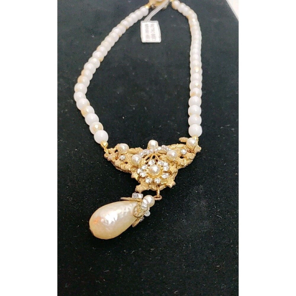 Miriam Haskell Pearshape Baroque Pearl Rhinestone Necklace Jewelry Gold Tone